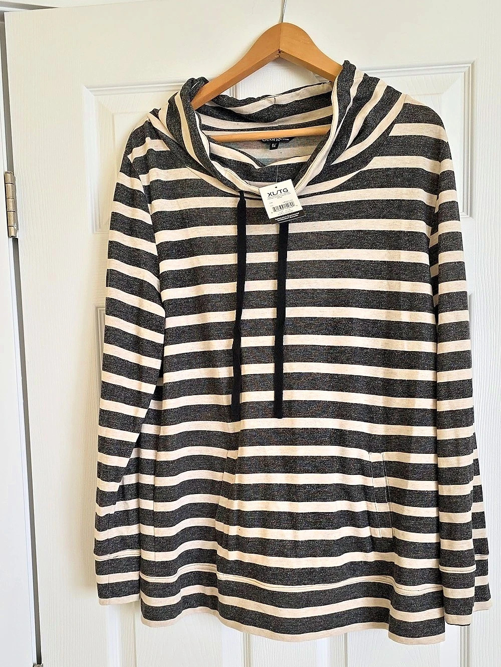George Striped Hooded Long Sleeve Top in Black & Cream